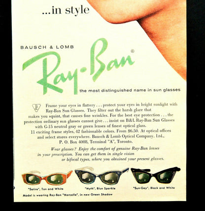 vintage ray ban bl lomb bausch 1950s rockabilly pinup sunglasses sun-gay cat-eye made in usa black print ad